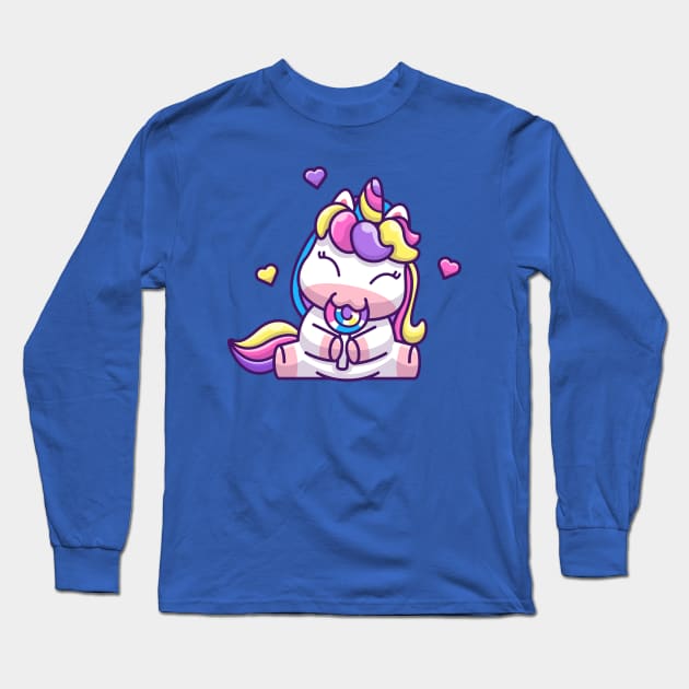 Cute Unicorn Eating lollipop Cartoon Long Sleeve T-Shirt by Catalyst Labs